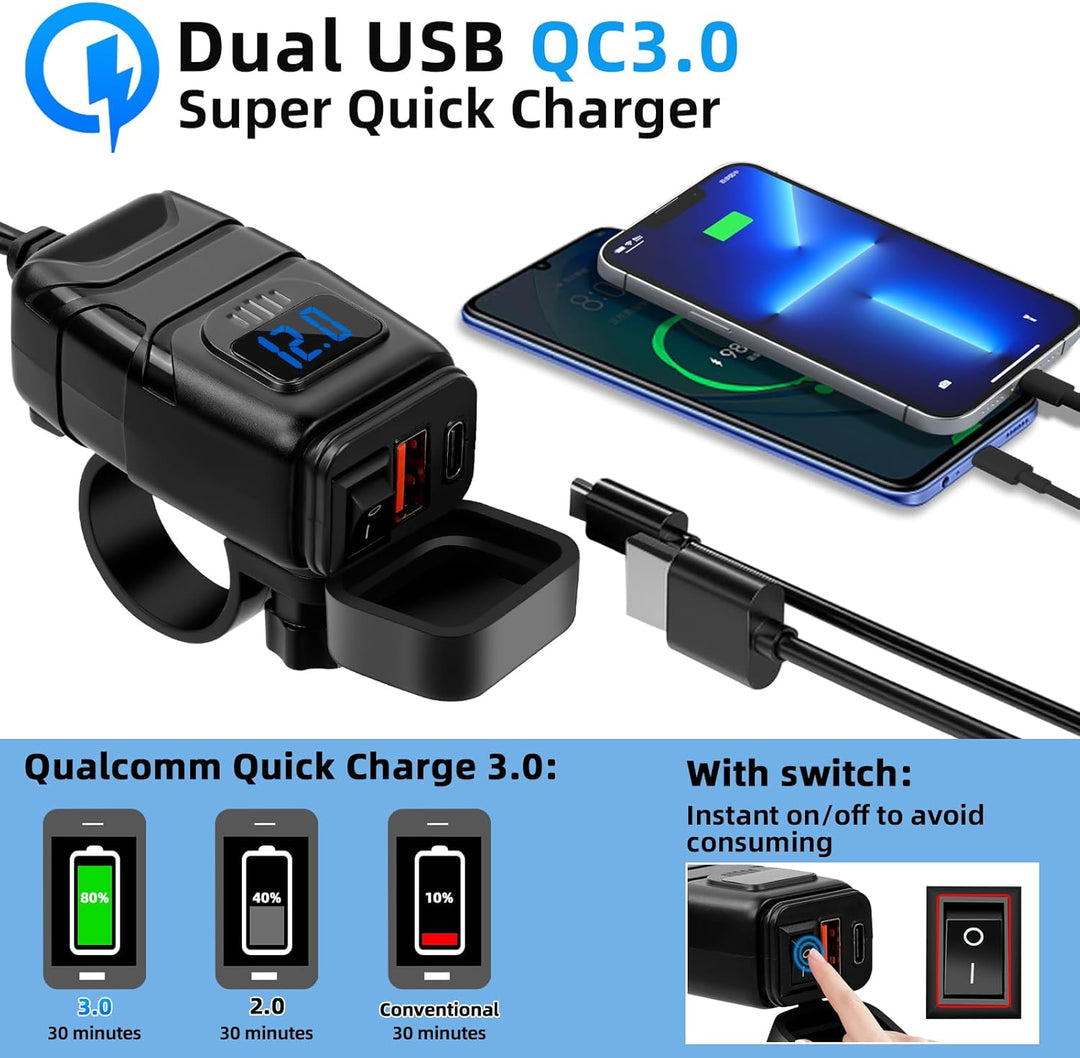 USB Steckdose Motorrad & Wohnmobil - PD Type-C & USB Ladegerät mit EIN-/Ausschalter und LED-Spannung