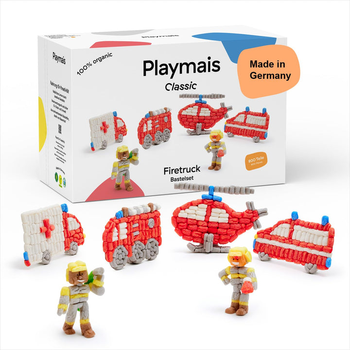 Playmais Classic Firetruck | 800 Teile | Bastelset | natürliches Spielzeug | inkl. Schwämmchen, Bast