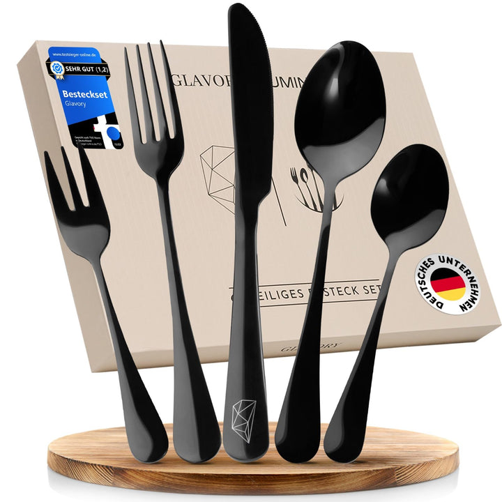 Glavory Lumina - Besteck Set 6 Personen Schwarz Hochglanz - 30teilig - Besteckset Spülmaschinenfest