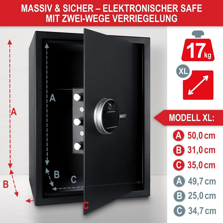 ONBEST elektr. Tresor mit Fingerabdruck, Zahlencode & Schlüssel – Safe aus Stahl mit 3 Schliessbolze