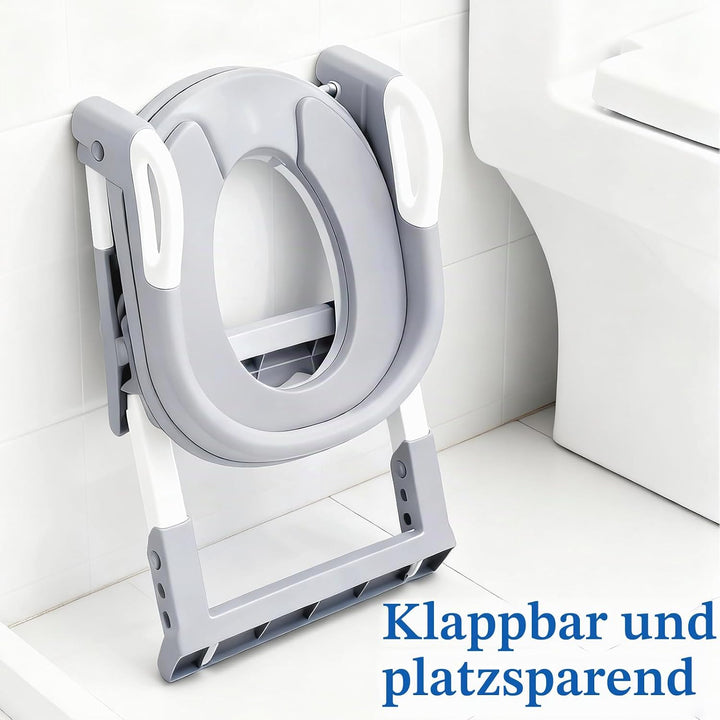 Kinder Toilettensitz mit Leiter – Faltbar, 6-fach höhenverstellbar, PU-Sitz in Grau, rutschfest – Ki