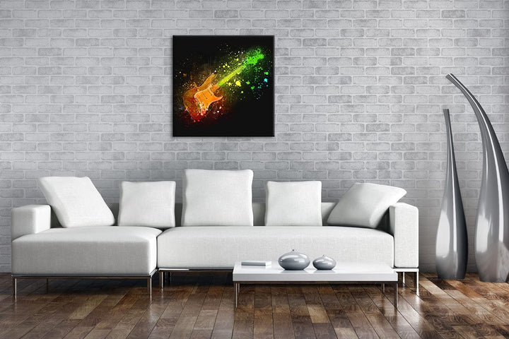 farbenfrohe Gitarre Format: 70x70 als Leinwandbild, Motiv fertig gerahmt auf Echtholzrahmen, Hochwer