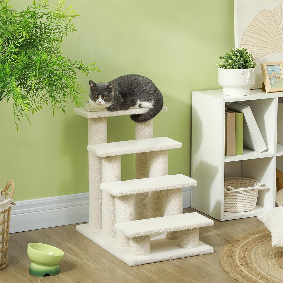 PawHut Tiertreppe Katzentreppe Hundetreppe Treppe für Katze und Hunde 4 Stufen Beige 63,5x43x60cm, B