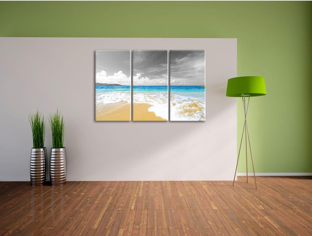 Pixxprint Sandstrand mit Welle bei azurblauen Himmel schwarz/weiss 3-Teiler Leinwandbild 120x80 Bild