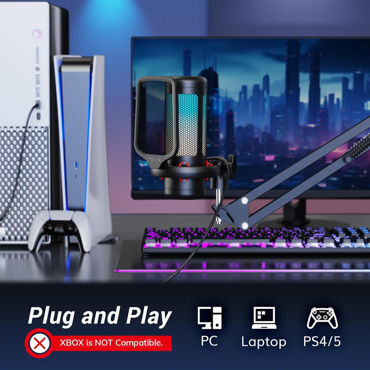 TONOR RGB Gaming Mikrofon PC Set Heilligkeit Verstellbar, USB Microphone mit Mikrofonarm für Compute