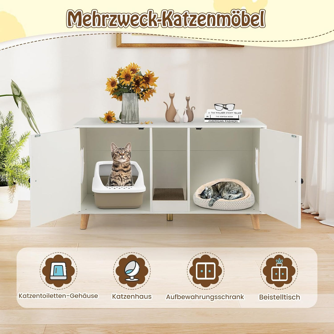 COSTWAY Katzenschrank für Katzentoilette, Katzenklo Schrank mit 2 Türen &amp; Kratzbrett &amp; 2 Sisal-Kratz