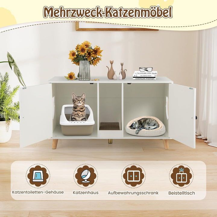 COSTWAY Katzenschrank für Katzentoilette, Katzenklo Schrank mit 2 Türen &amp; Kratzbrett &amp; 2 Sisal-Kratz