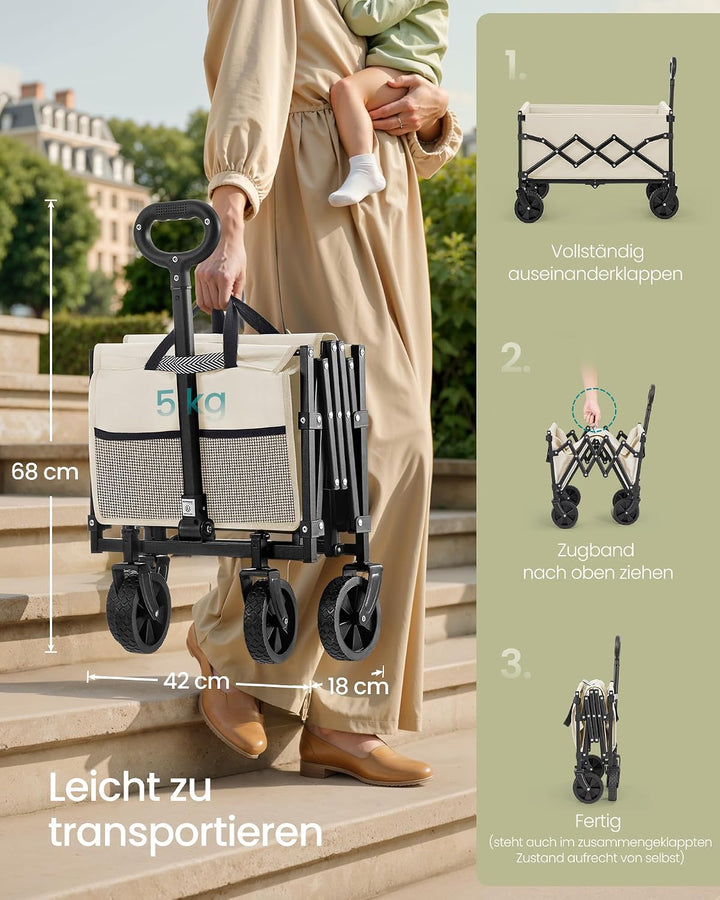 SONGMICS Kleiner Handwagen faltbar, Gartenwagen, kompakt, mit Griff | Mit 4 verstärkten Rollen, davo