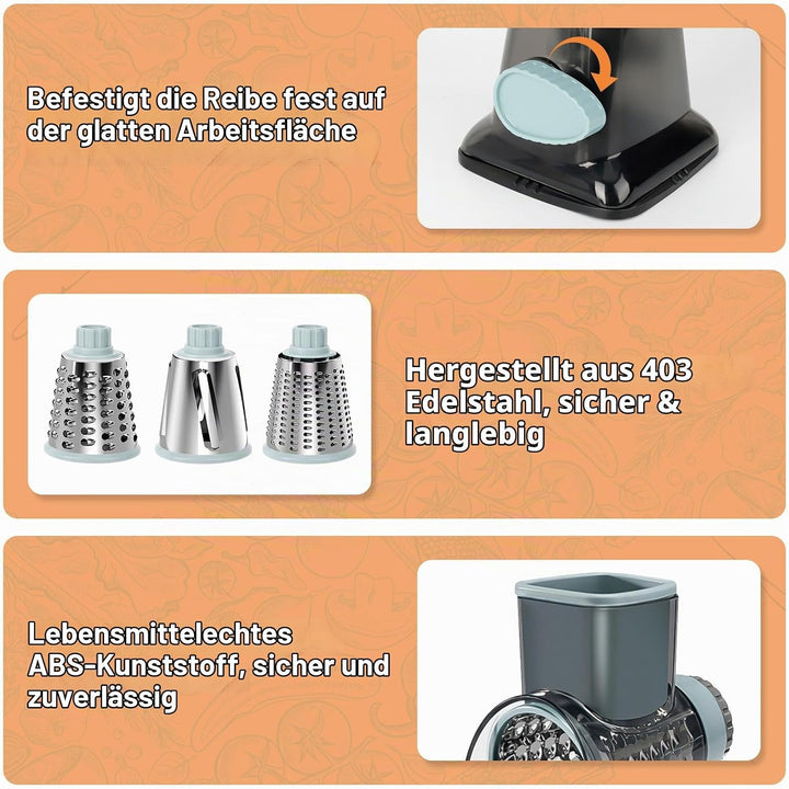 Cheese Grater, Käsereibe mit Kurbel, Trommelreibe, Gemüsehobel Reibe mit 3 Trommelklingen, manuell r