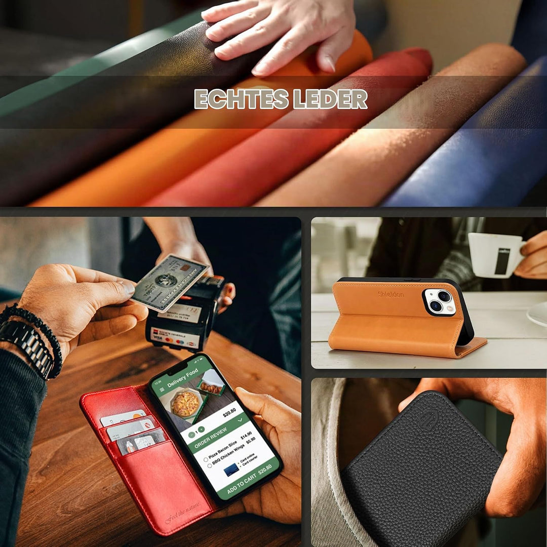 SHIELDON Hülle für iPhone 14 5G Stossfest Handyhülle [Erstklassig Echtleder] [Kartenfach] [Magnet] [