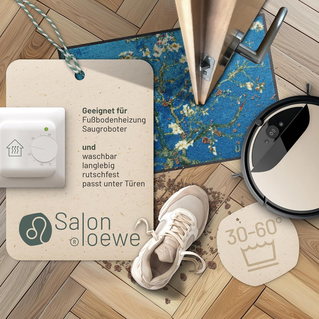 Salonloewe Mandelbaum türkis Künstler-Fussmatte waschbar 050 x 075 cm Fussabtreter Schmutzfangmatte