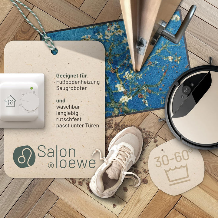 Salonloewe Mandelbaum türkis Künstler-Fussmatte waschbar 050 x 075 cm Fussabtreter Schmutzfangmatte