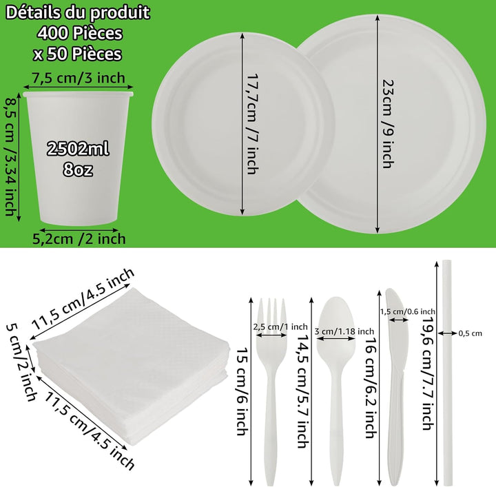 AKOLAFE 400 Stück Geschirrset Pappteller Umweltfreundlich Einweggeschirr Biologisch Abbbaubare Einwe