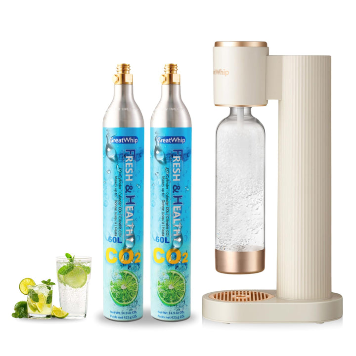 GreatWhip Wassersprudler Set – Soda-Maschine Weiss inkl. 2× 60 L CO2 Schraubzylinder + 1 L BPA-freie