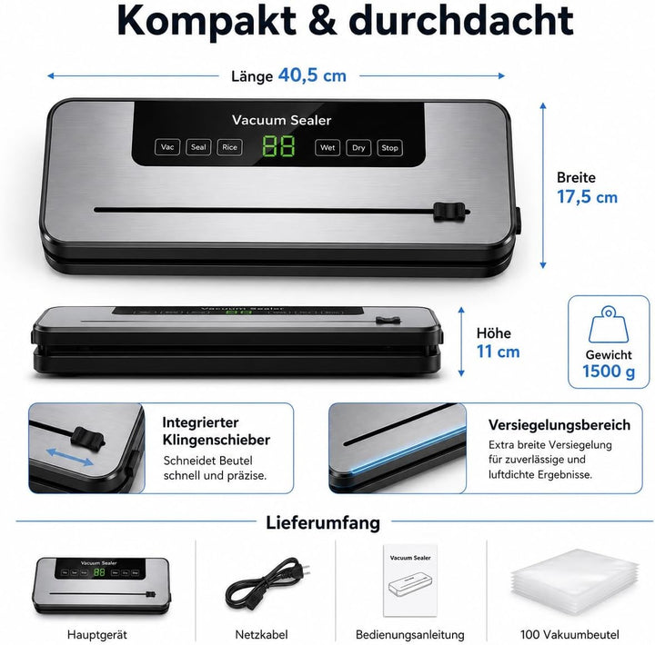 Vakuumiergerät mit 100 Vakuumbeuteln, Trocken- &amp; Nass-Modus
