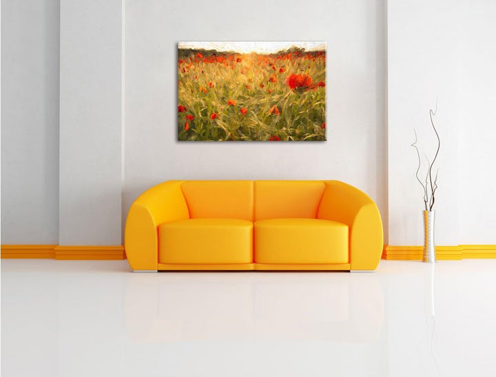 Pixxprint Mohnfeld bei Sonnenuntergang als Leinwandbild/Grösse: 100x70 cm/Wandbild/Kunstdruck/fertig
