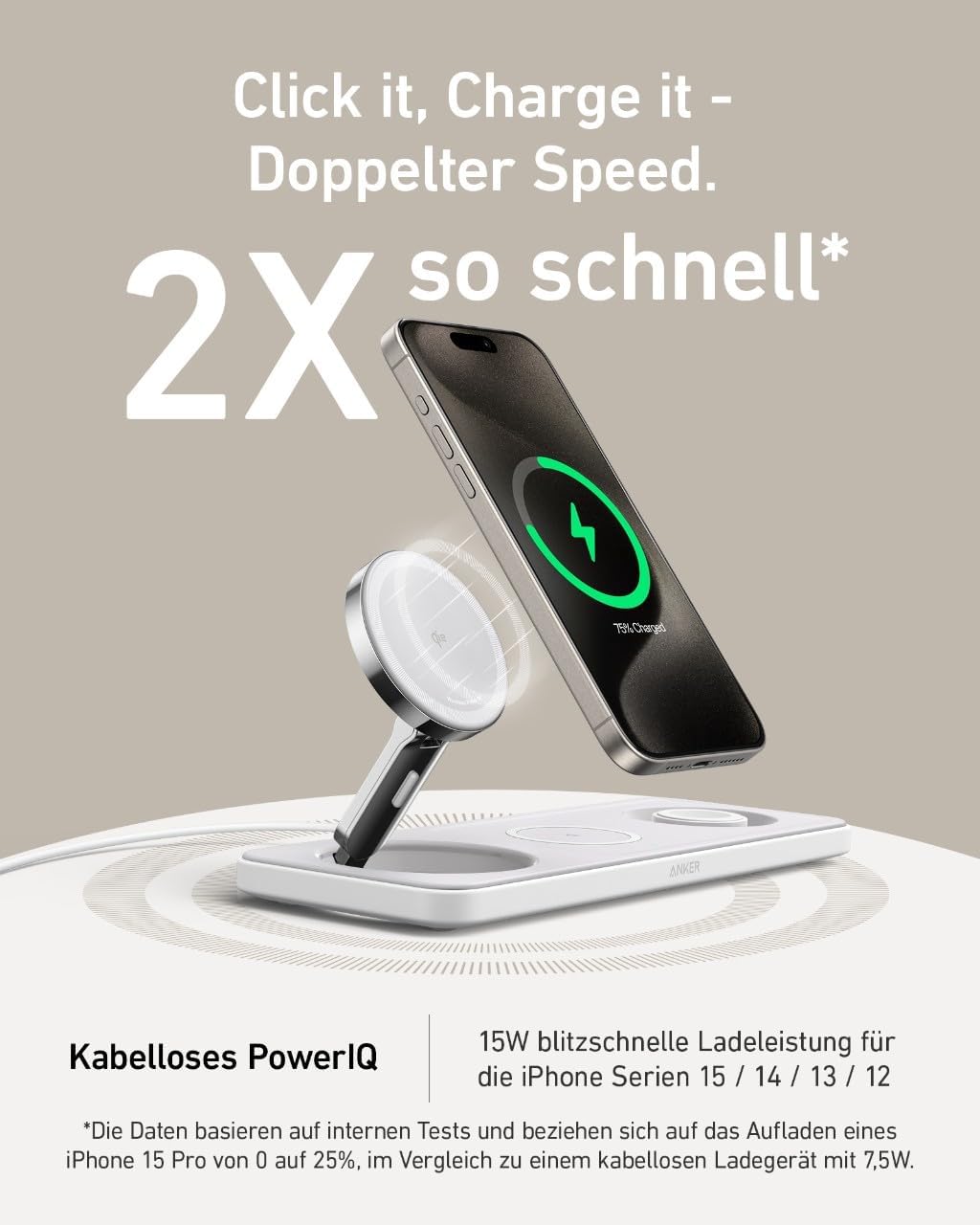 Anker MagGo Faltbare 3-in-1 Kabellose Ladestation, Qi2-zertifiziertes ultraschnelles 15W kabelloses