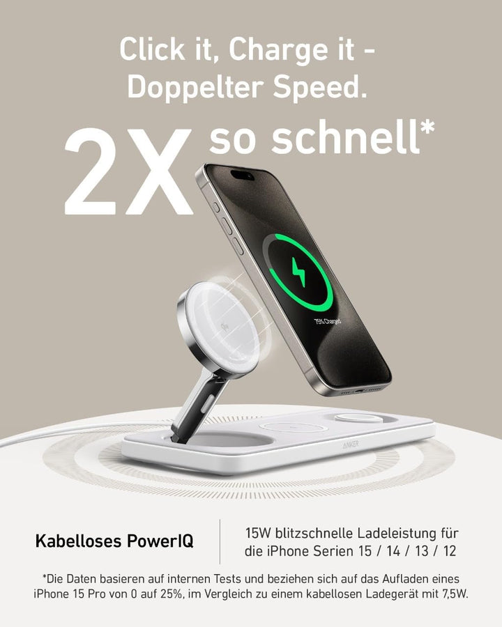 Anker MagGo Faltbare 3-in-1 Kabellose Ladestation, Qi2-zertifiziertes ultraschnelles 15W kabelloses