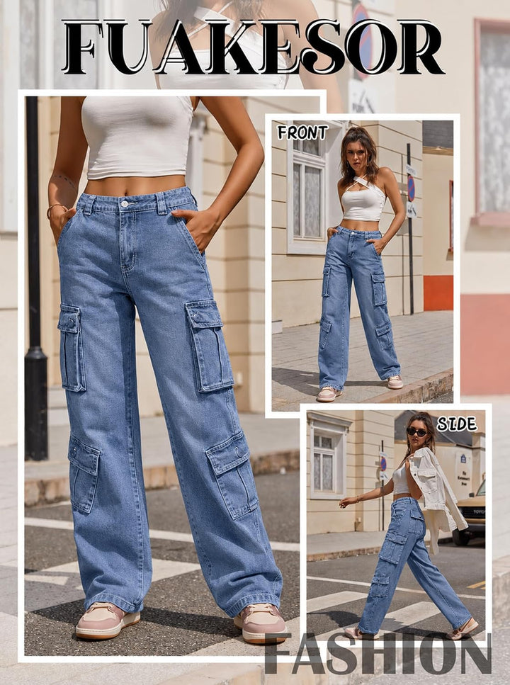 Cargohose Damen Baggy Y2K Multi Taschen High Waist Stretch Wanderhose Sport Jogginghose mit Elastisc