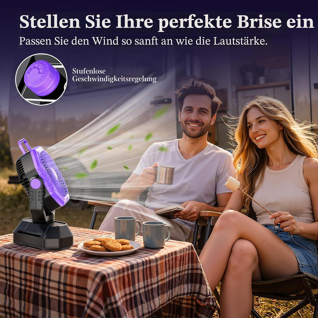 VTHW Camping Ventilator, 20000mAh Wiederaufladbarer Ventilator mit LED Licht & Haken, 270° Drehung,