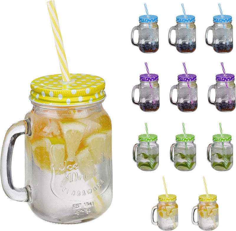 Relaxdays Trinkgläser mit Deckel und Strohhalm, 12er Set Limonadengläser, 500 ml, Retro Sommergläser