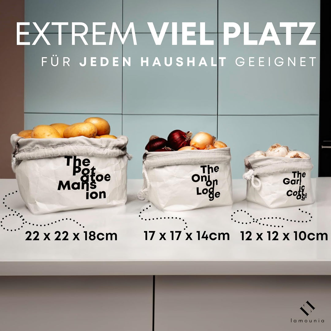 lamounia - Nachhaltige Boho Säckchen aus veganem Leder als Kartoffel Aufbewahrungsbox im 3er Set - S