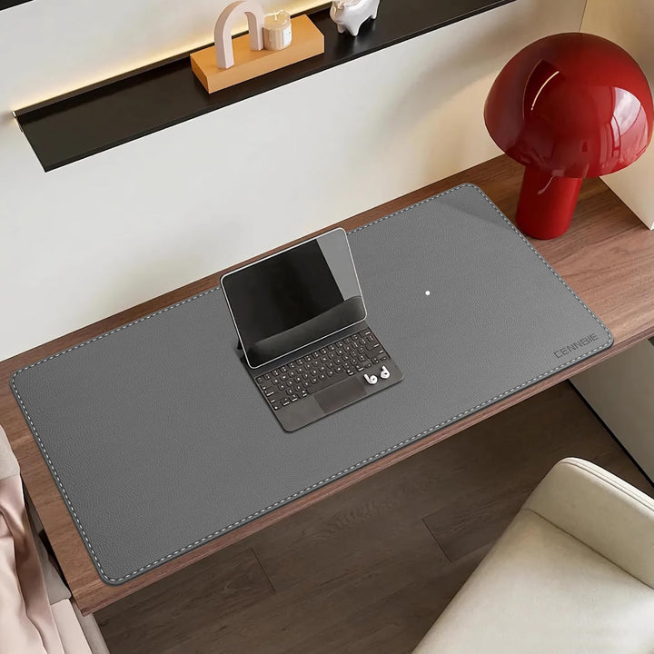 CENNBIE Schreibtischunterlage Leder 90 x 40cm, Extra grosse Tischunterlage, erweitertes PU-Leder Mau