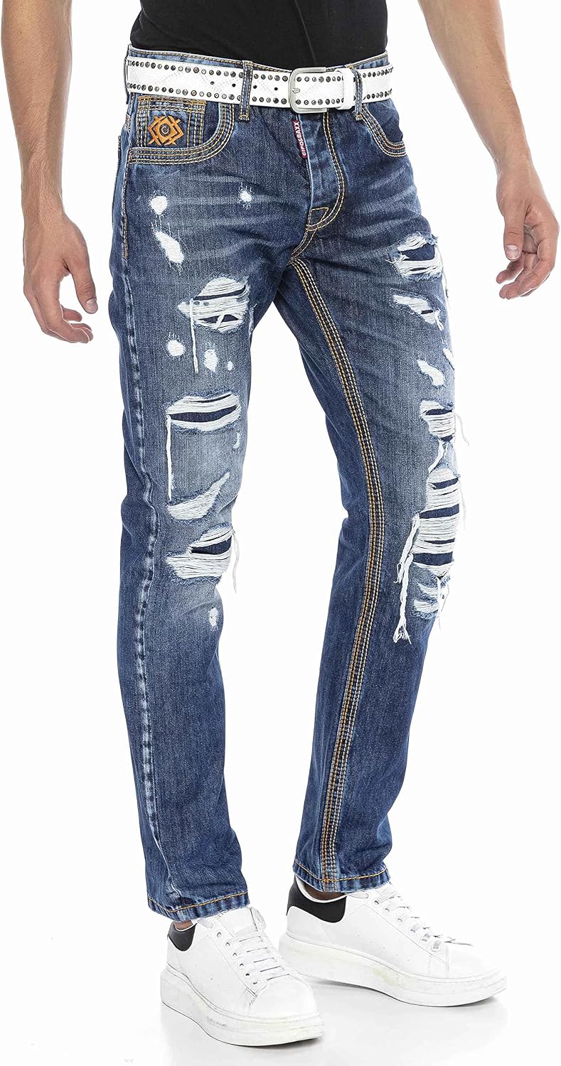 Cipo &amp; Baxx Herren Jeans &amp; Freizeithose | Used Look, Ziernähte, Logo Stickerei, Kontrastnähten, Bike