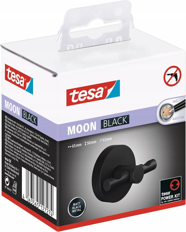tesa MOON BLACK Bademantelhaken, matt schwarz - für Bäder im Industrial Style und moderne Badezimmer