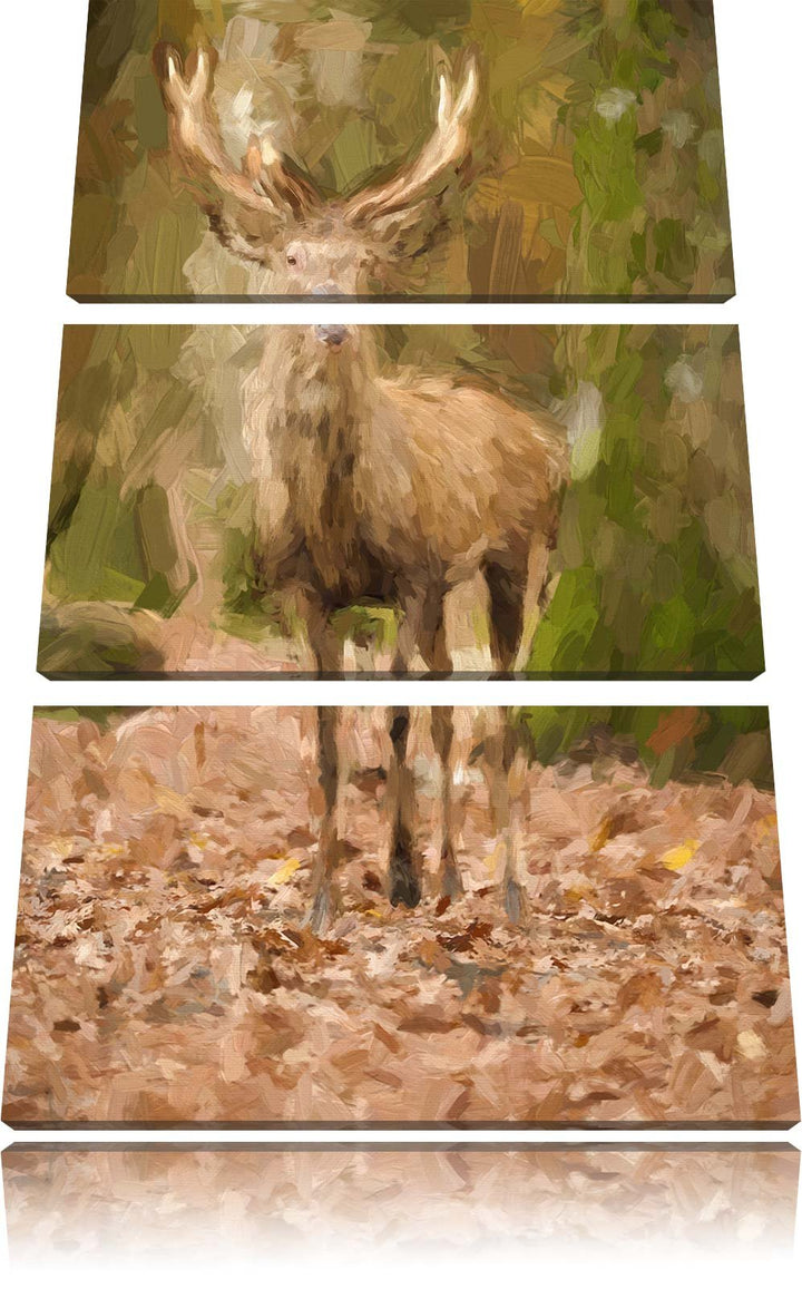 Pixxprint Schöner Hirsch im Wald Pinsel Effekt 3-Teiler Leinwandbild 120x80 Bild auf Leinwand