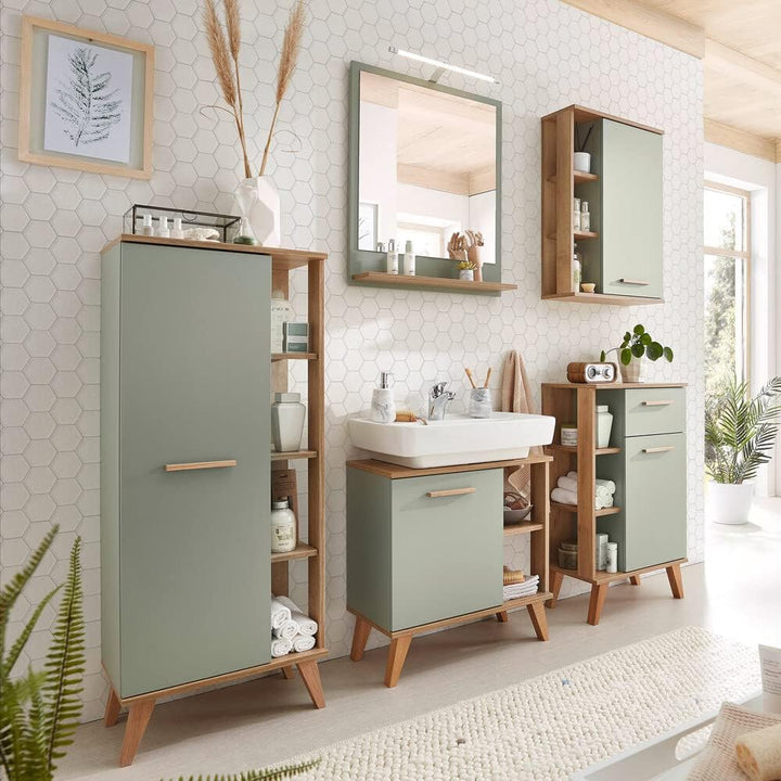 Lomadox Badezimmer Spiegel in Salbei Nb. mit Riviera Eiche Nb., B/H/T: ca. 60/74,5/15,5 cm