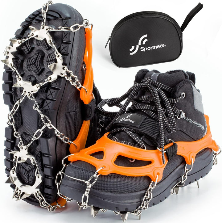 Sportneer Steigeisen Eisstollen Traktion, 19 Spikes Edelstahl Anti-Rutsch EIS Schnee Grips für Schuh