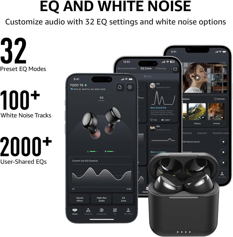 TOZO T6 Bluetooth Kopfhörer Kabellos In Ear Kopfhörer Touch Control mit Kabellosem Ladecase, IPX8 Wa