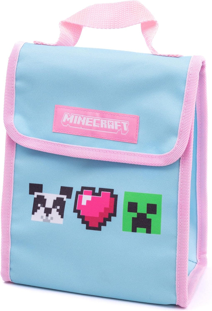 Minecraft Rucksack und Brotdose Set für Mädchen | Kinder 4-teilig Creeper Panda Herzen Blau Schulruc
