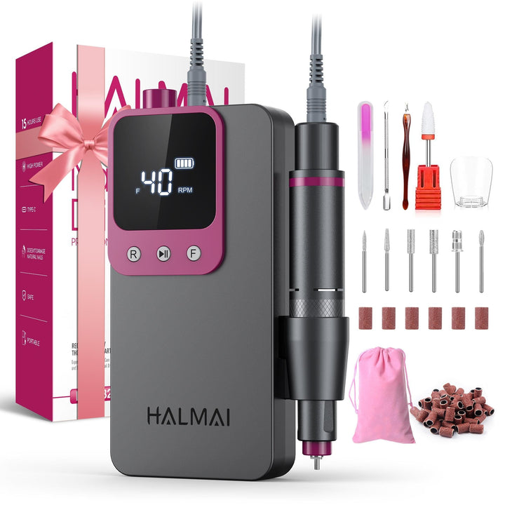 HALMAI Elektrischer Nagelfräser Professionell, Tragbare Nagelfeile für Acryl-Gel-Nägel, Kabelloses w
