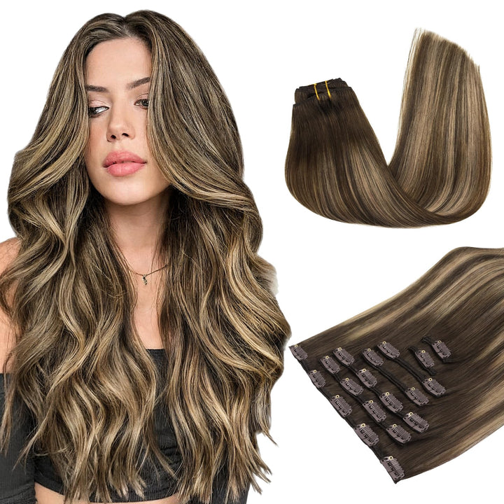 MAXITA Clip in Haarverlängerungen aus echtem Menschenhaar, Remy Haar Clip in Extensions für Damen, n