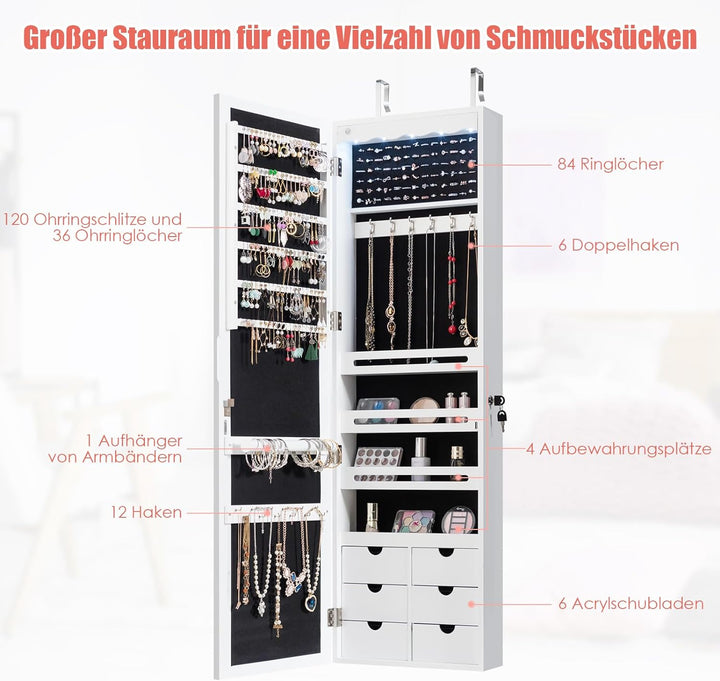 GOPLUS Schmuckschrank mit Schloss & 2 Schlüsseln, Schmuckregal mit LED-Beleuchtung, Spiegelschrank m