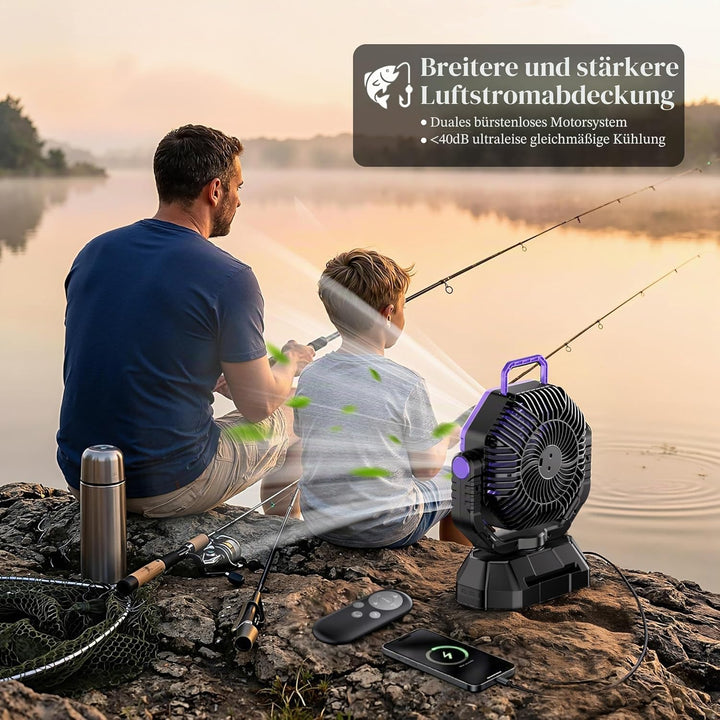 VTHW Camping Ventilator, 20000mAh Wiederaufladbarer Ventilator mit LED Licht & Haken, 270° Drehung,