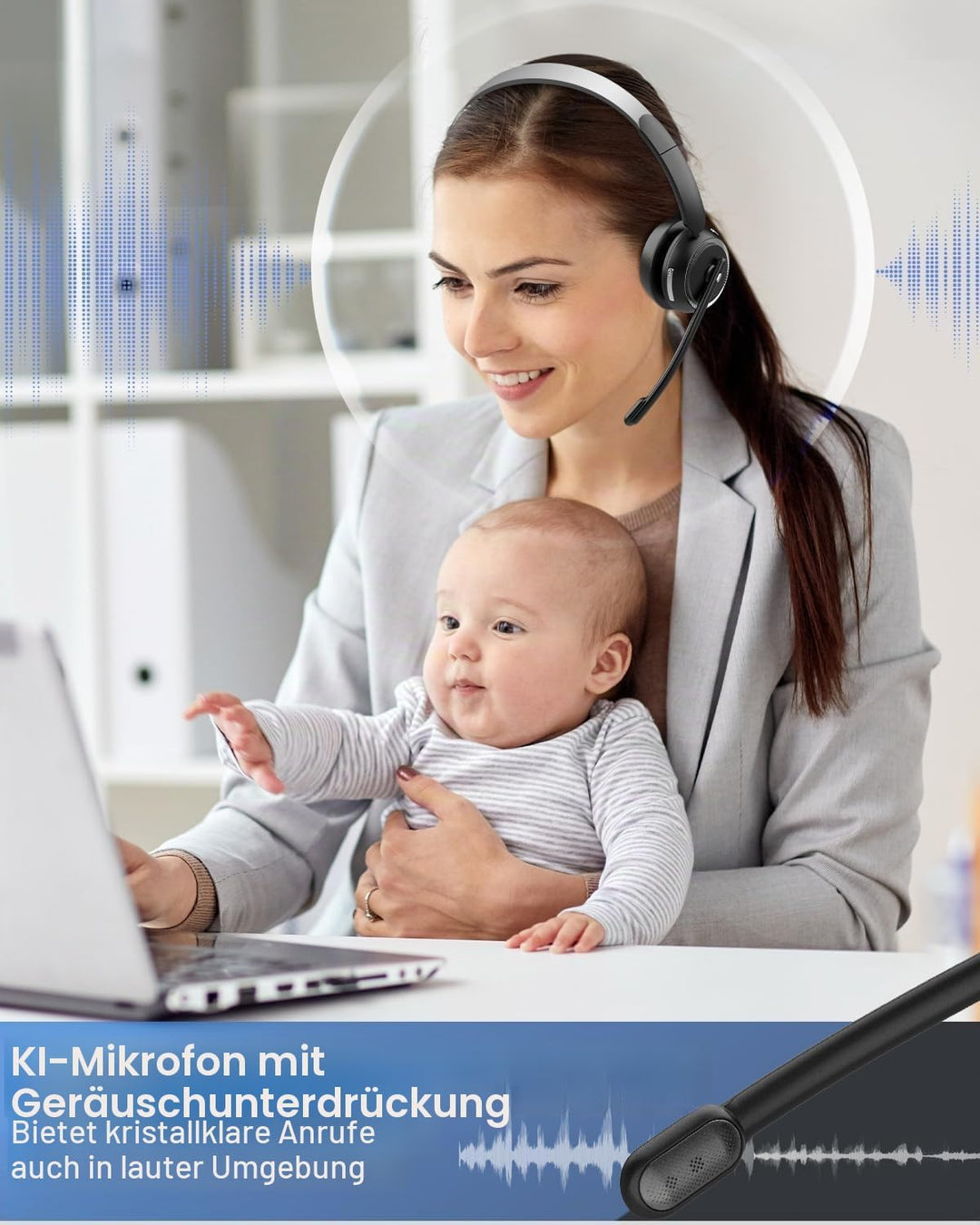 MONODEAL Bluetooth Headset mit Mikrofon, Wireless Headset mit AI-Geräuschunterdrückung Und Stummscha