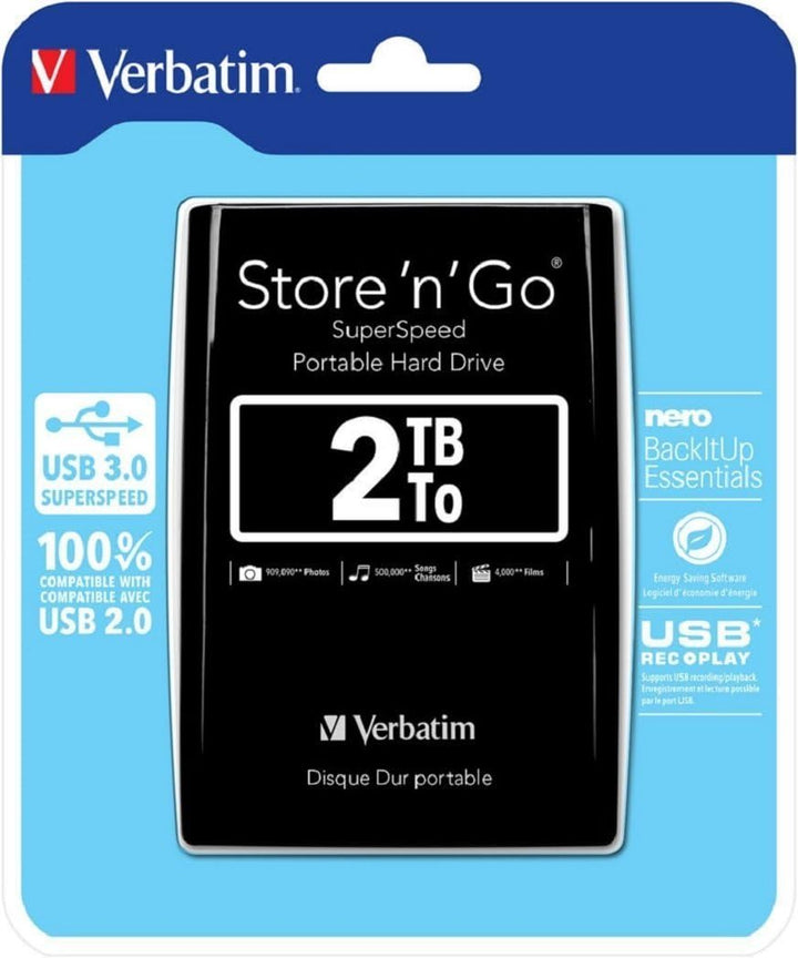 Verbatim Store 'n' Go SuperSpeed, 2 TB, Schwarz, Externe Festplatte, USB 3.0, Festplatte extern, für