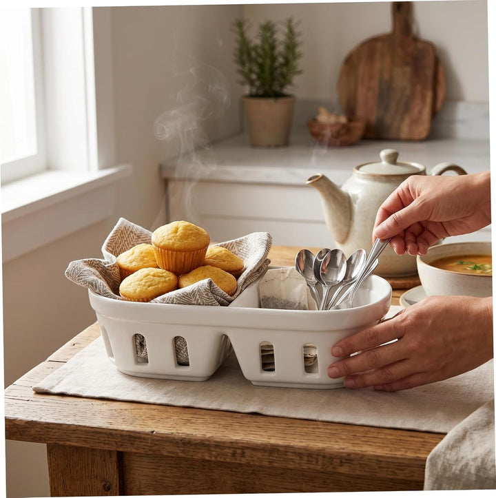 Keramik-Obstkorb, Keramik-Beerenschale mit Drainagelöchern mit Zwei Fächern, Obstkorb für Snacks und