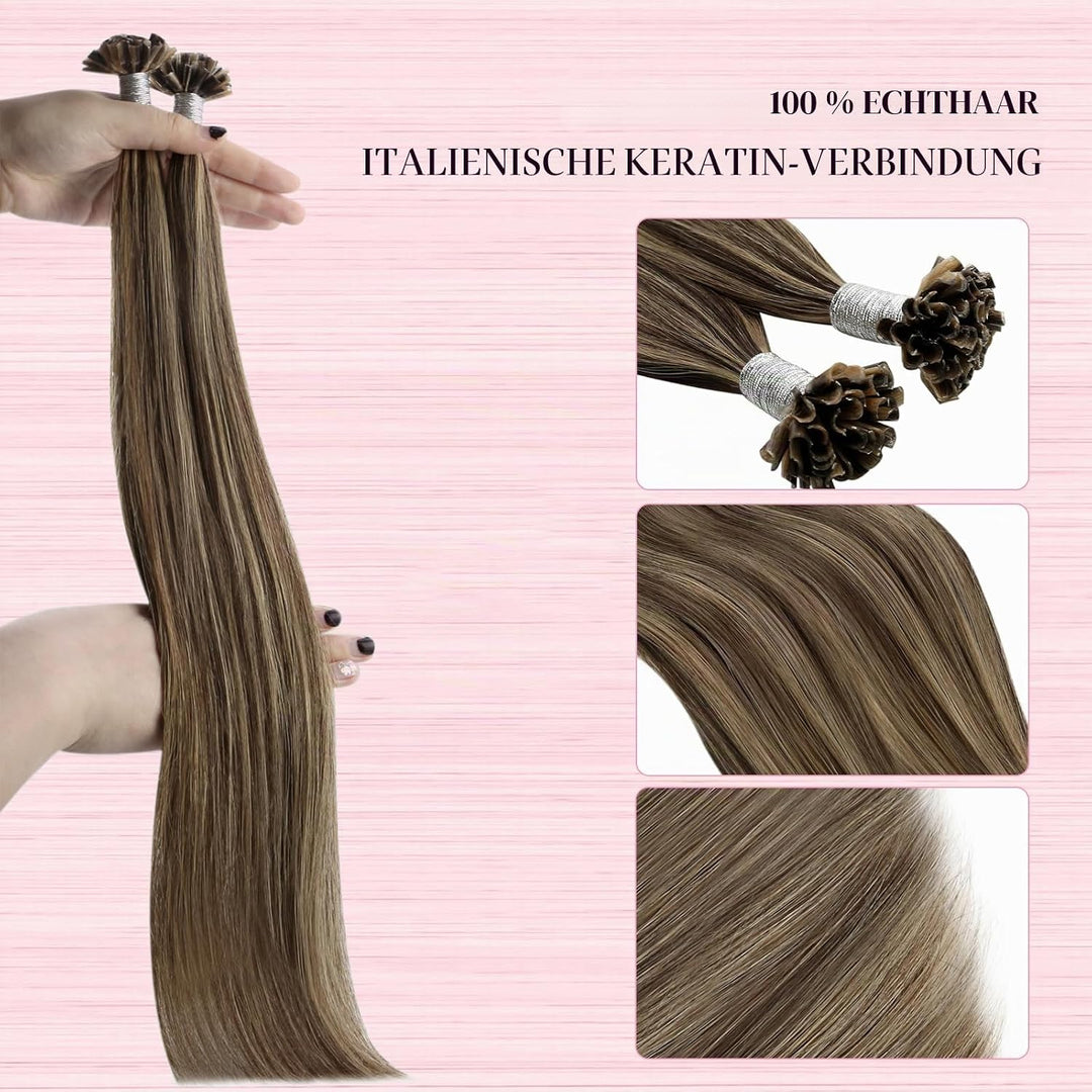 YoungSee Bonding Extensions Echthaar Braun 35cm Extensions Echthaar Bondings Dunkelbraun mit Blond K
