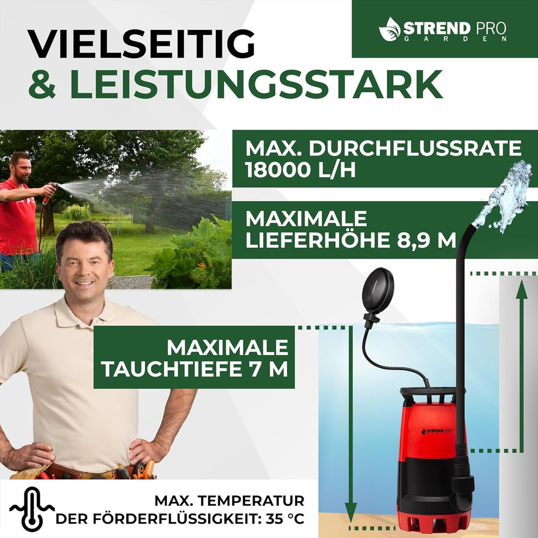 STREND PRO Tauchpumpe MC900E | FLACHSAUGEND ab 1mm | mit SCHWIMMERM | 900W, 18000 l/h | Wasserpumpe