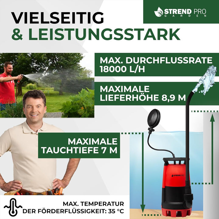 STREND PRO Tauchpumpe MC900E | FLACHSAUGEND ab 1mm | mit SCHWIMMERM | 900W, 18000 l/h | Wasserpumpe