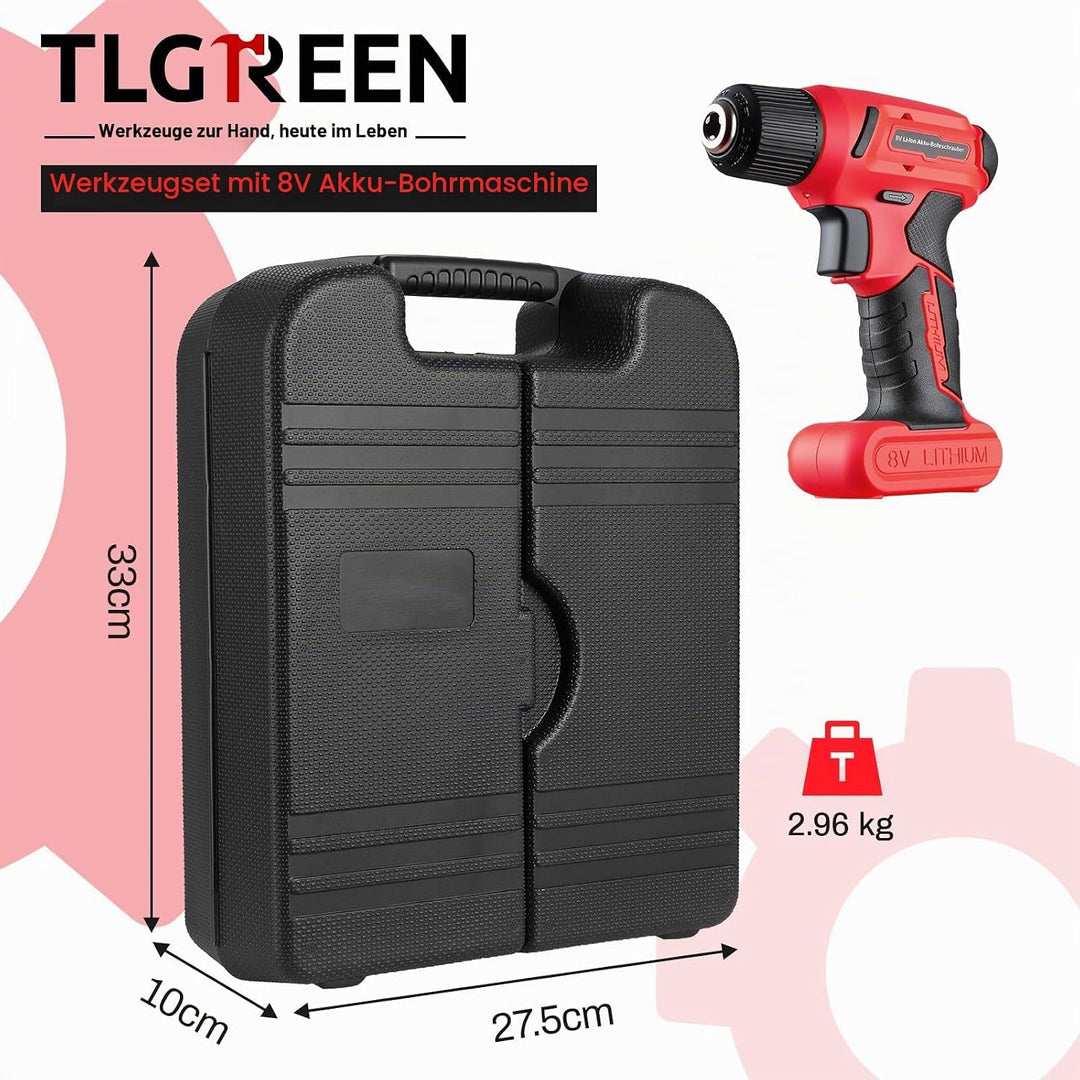 TLGREEN 101-tlg Akkuschrauber Werkzeugset, 8V Akkubohrer Werkzeugkoffer gefüllt, Werkzeugkasten Haus