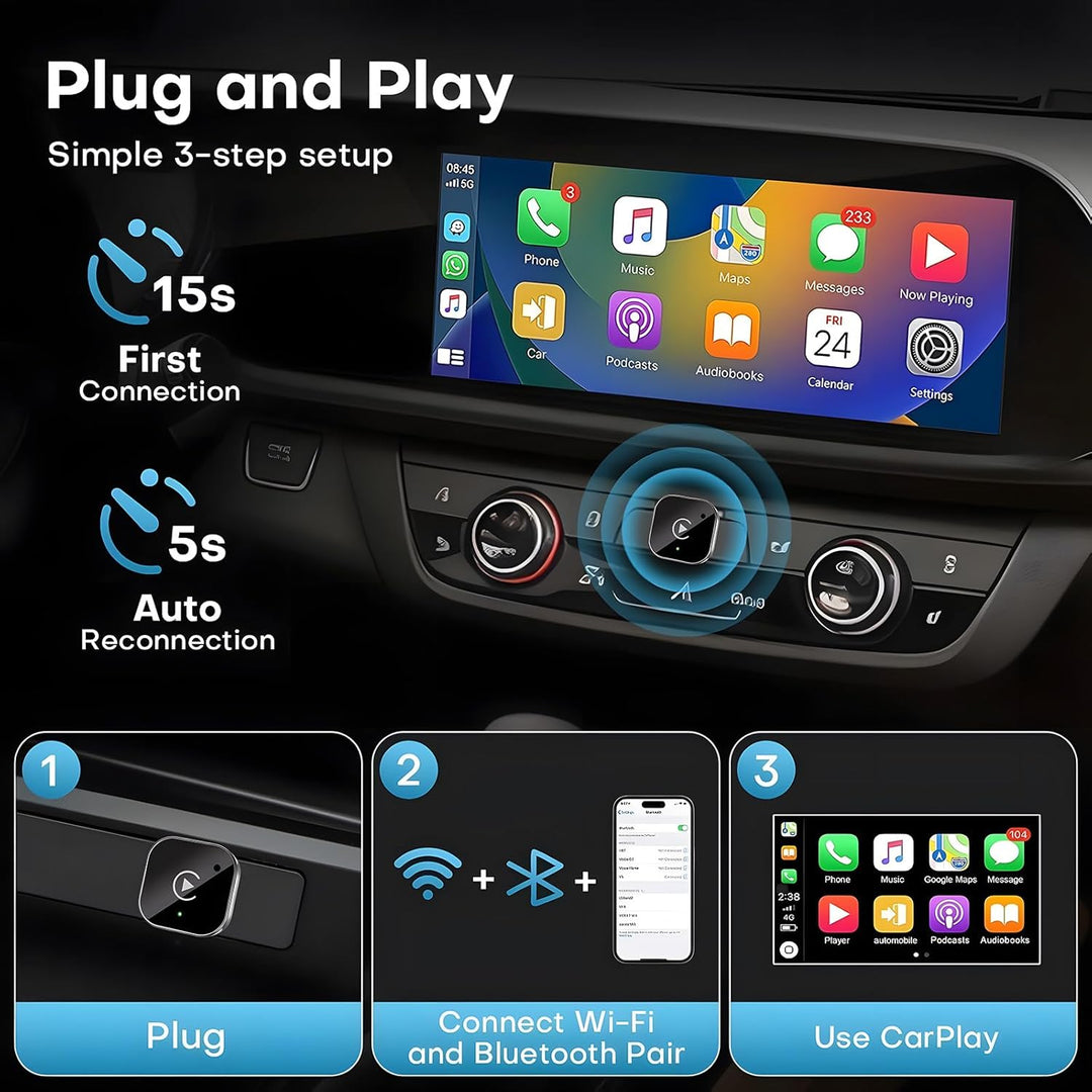 2026 Upgraded 2-in-1 Wireless CarPlay &amp; Android Auto Adapter, Type-C | Wired to Wireless Dongle | Pl