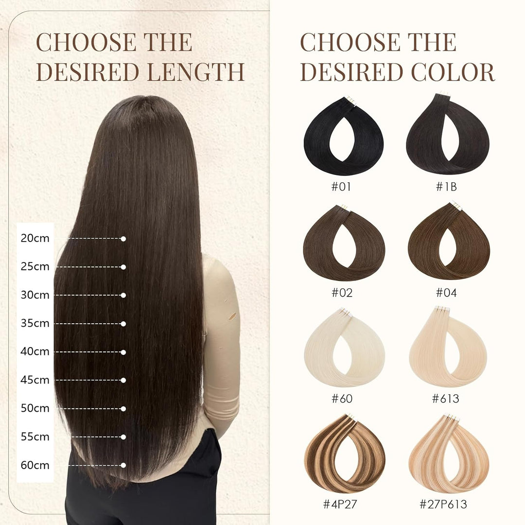 Elailite Tape Extensions Echthaar #2 Dunkelbraun, 10 Stück Unsichtbar Kleber Haarverlängerungen 20g,