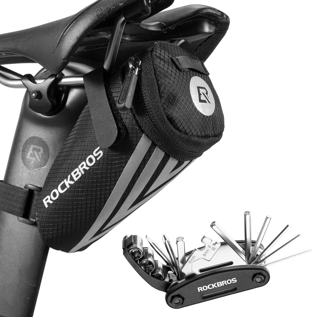 ROCKBROS Fahhrrad Satteltasche + 16 in 1 Multifunktionswerkzeug Fahrradtasche Fahrradsitz Tasche für
