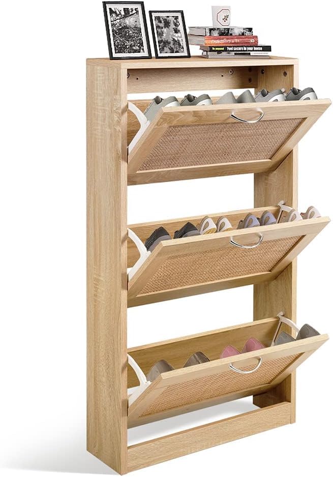 GRAVFORCE Schuhschrank 3 Klappen, Eingangsbereich, Rattan schmaler Schuhschrank Flip Down Schuhregal