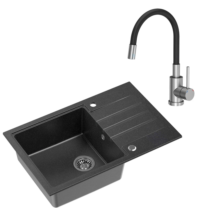 VBChome Spüle mit Armatur 78 x 50 cm Tiefes Becken 20cm Schwarz Küche Grosse Abtropfflache Einbauspü